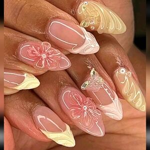 24-Piece Almond-Shaped Fake Nails Set, Sweet French Elegance, Spiral 3D Cute